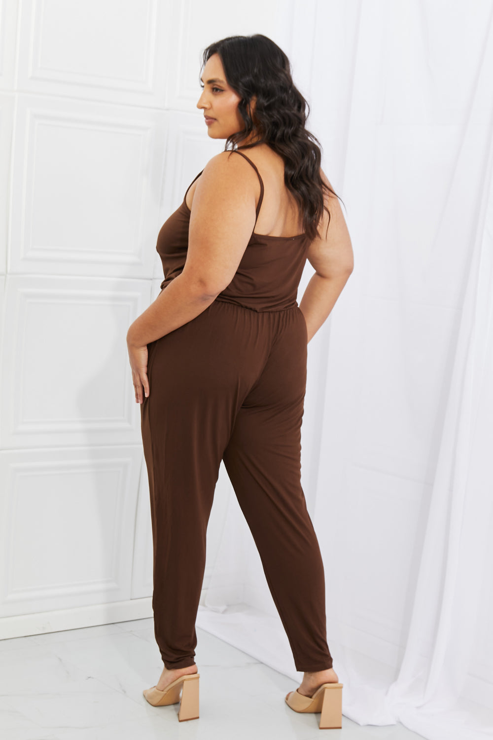 Capella Comfy Casual Full Size Solid Elastic Waistband Jumpsuit in Chocolate - AllIn Computer