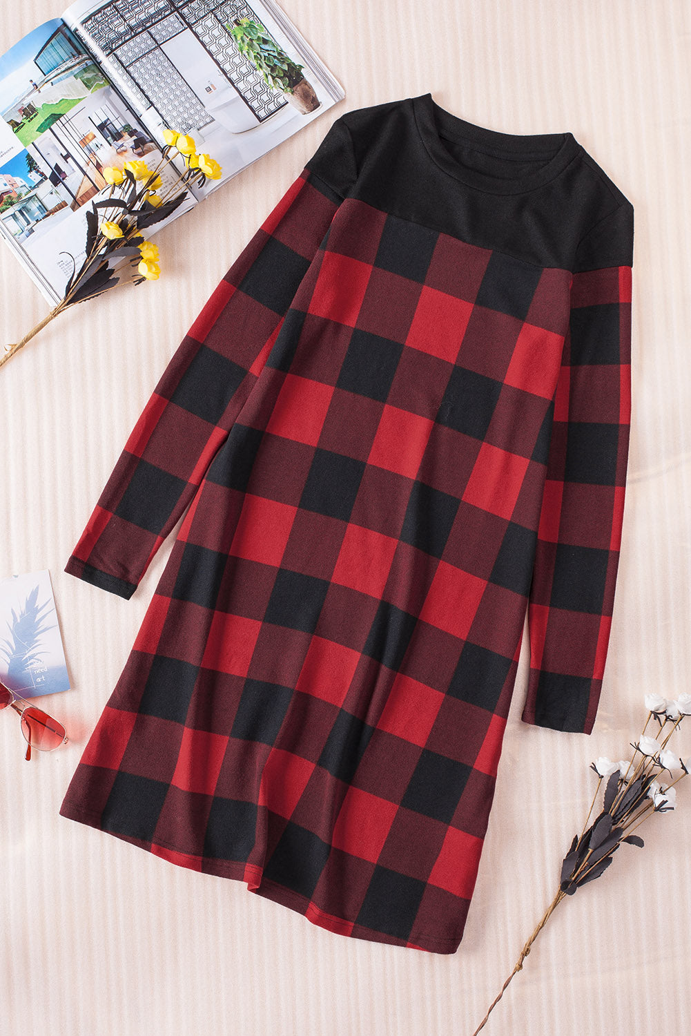 Plaid Round Neck Long Sleeve Mini Dress - AllIn Computer