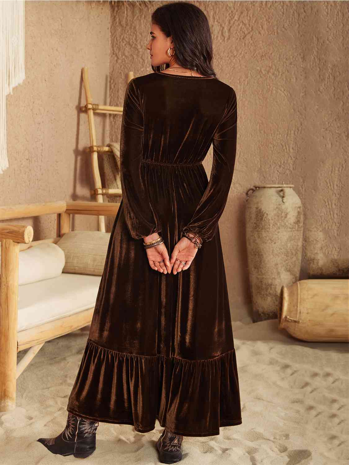 Ruffled V-Neck Long Sleeve Dress - AllIn Computer