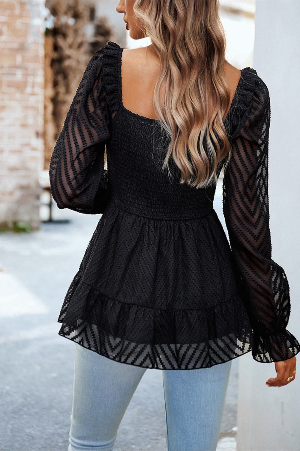 Square Neck Flounce Sleeve Peplum Top - AllIn Computer