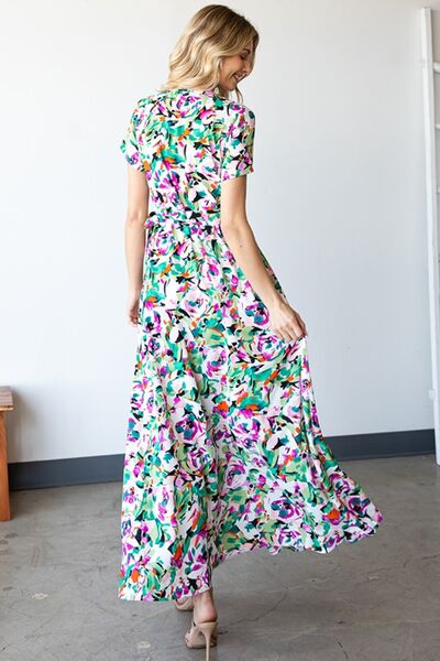 First Love Slit Printed Surplice Tie Waist Short Sleeve Dress - AllIn Computer