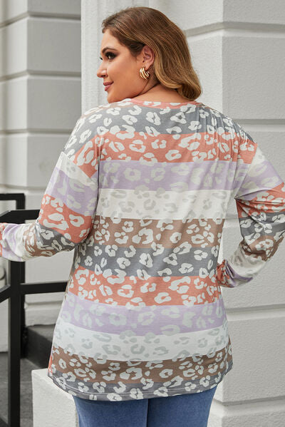 Plus Size Color Block Leopard Long Sleeve T-Shirt - AllIn Computer