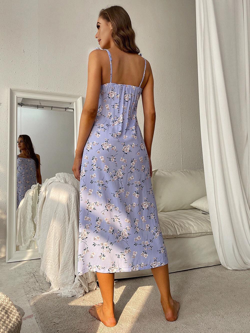 Printed Tie Shoulder Midi Night Dress - AllIn Computer