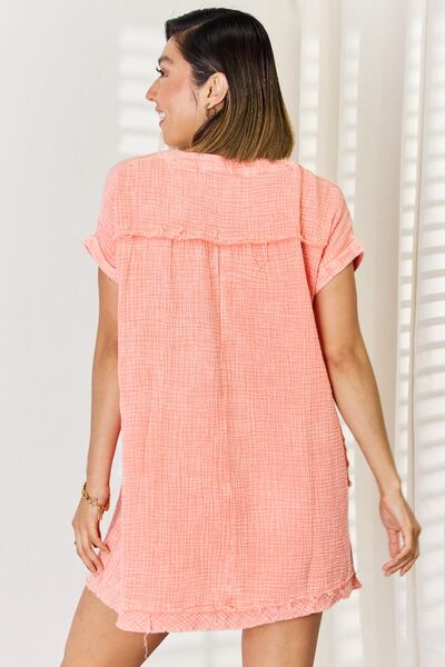 Zenana Washed Nochted Rolled Short Sleeve Dress - AllIn Computer