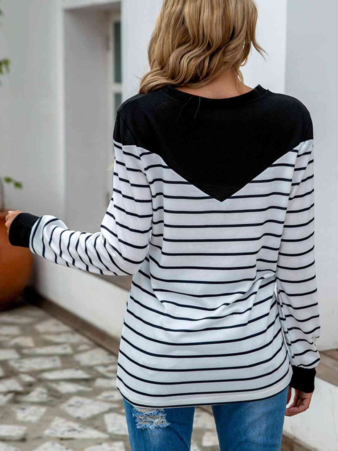 Striped Round Neck Long Sleeve T-Shirt - AllIn Computer