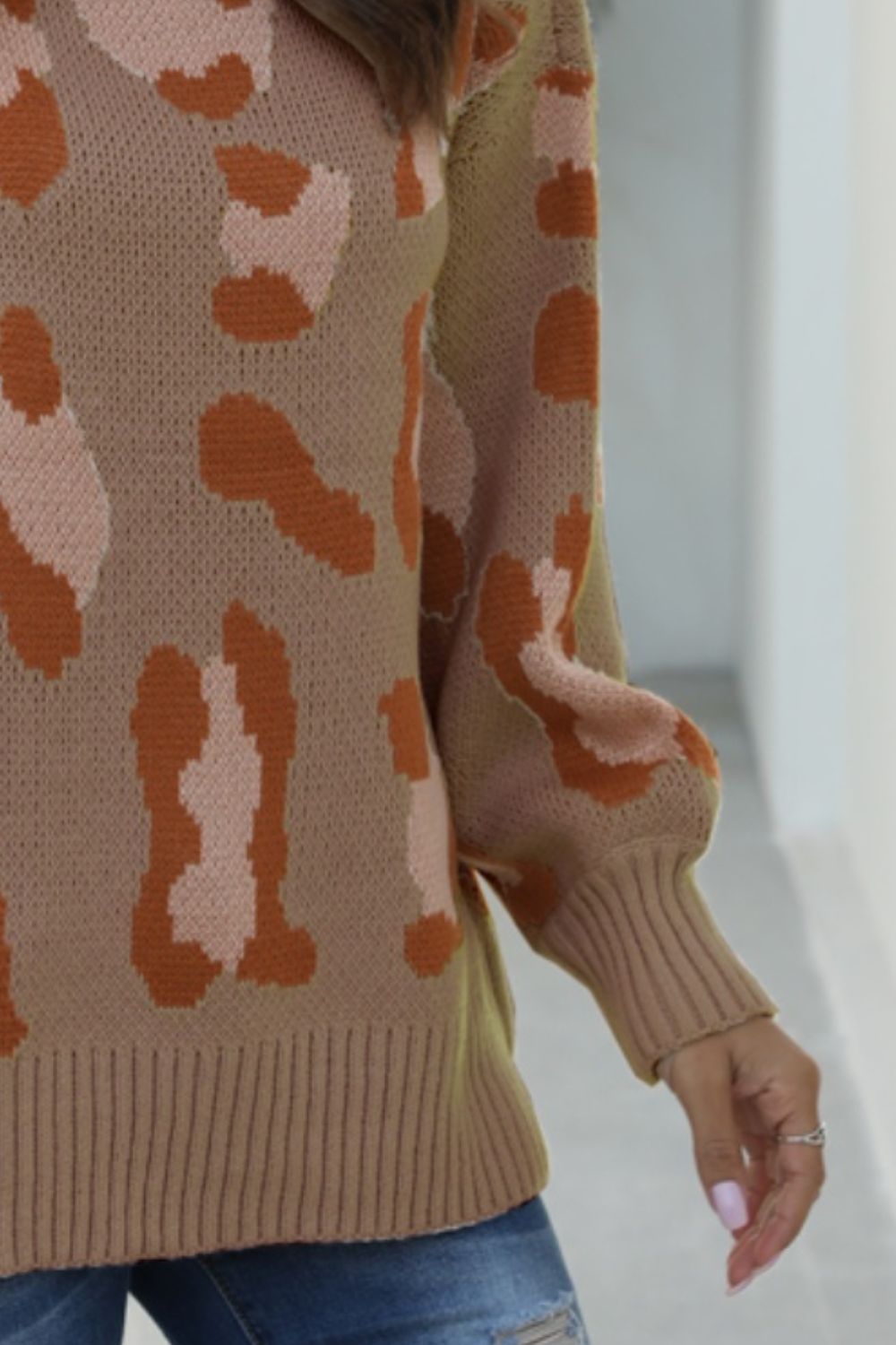 Leopard Mock Neck Dropped Shoulder Sweater - AllIn Computer