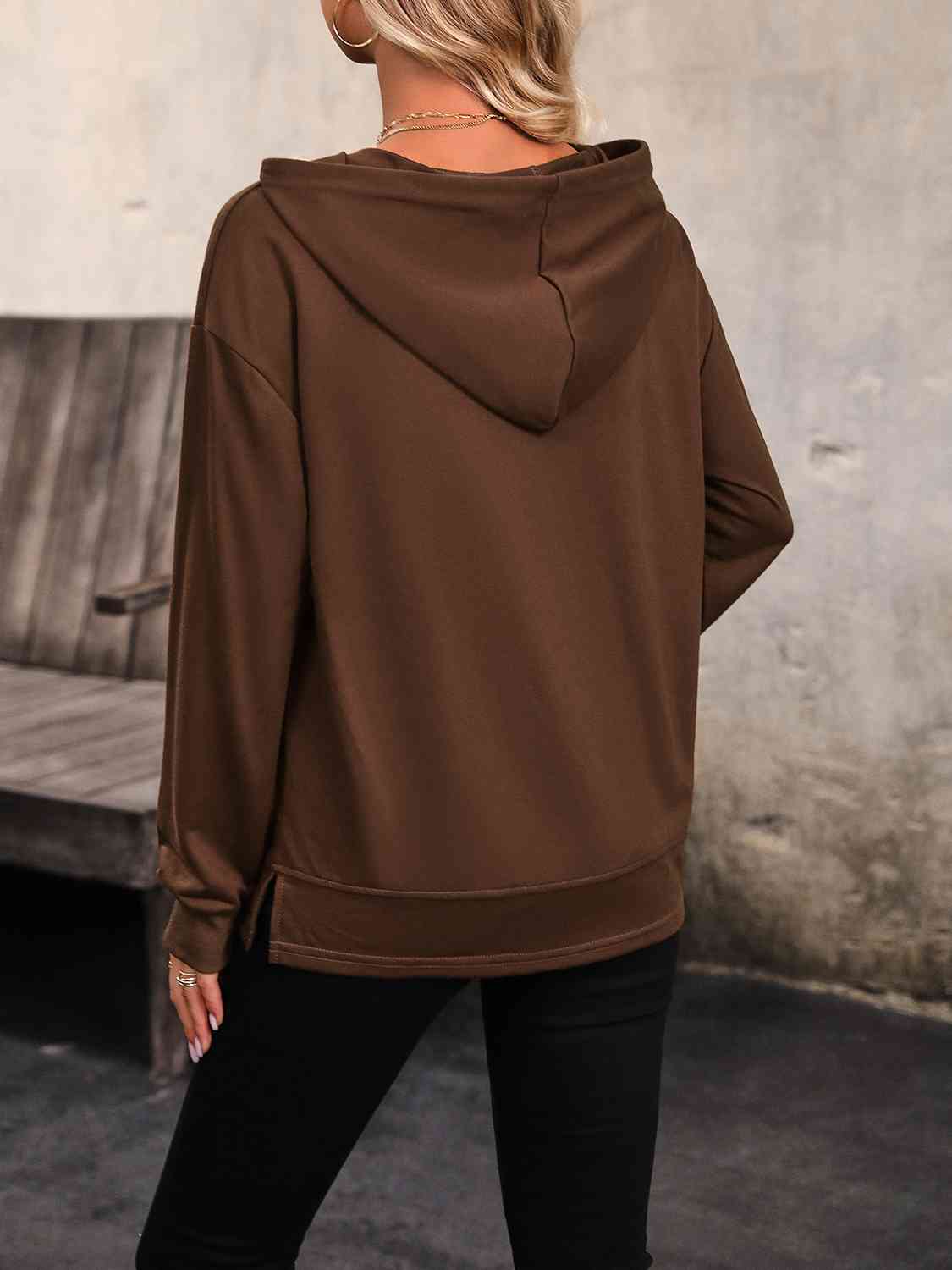 Drawstring Slit Hoodie with Pocket - AllIn Computer