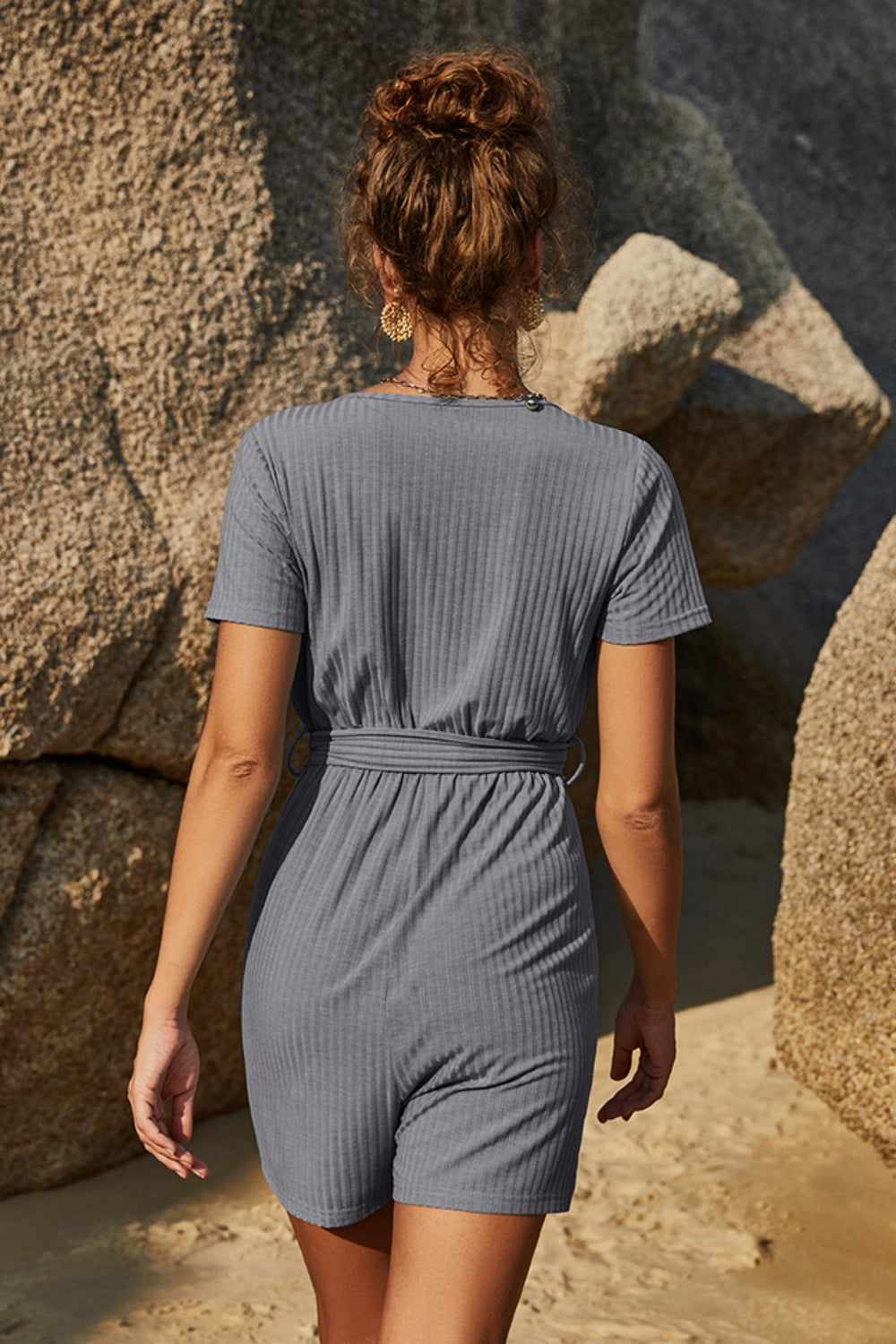 Surplice Short Sleeve Tie Waist Romper - AllIn Computer
