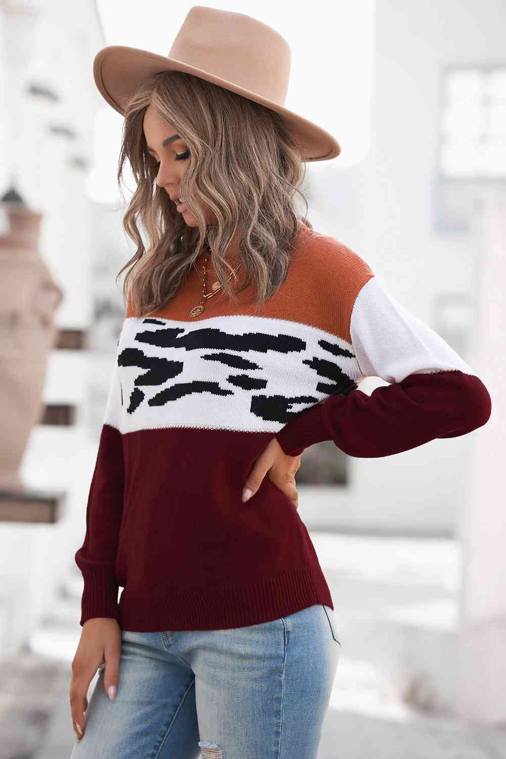 Leopard Color Block Ribbed Trim Dropped Shoulder Sweater - AllIn Computer