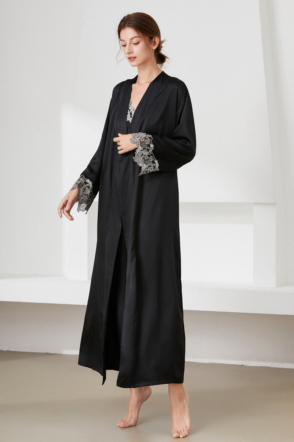 Contrast Lace Trim Satin Night Dress and Robe Set - AllIn Computer