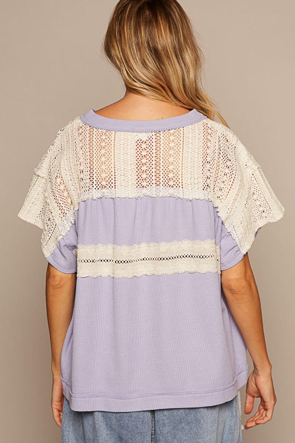 POL V-Neck Short Sleeve Crochet Detail Top - AllIn Computer