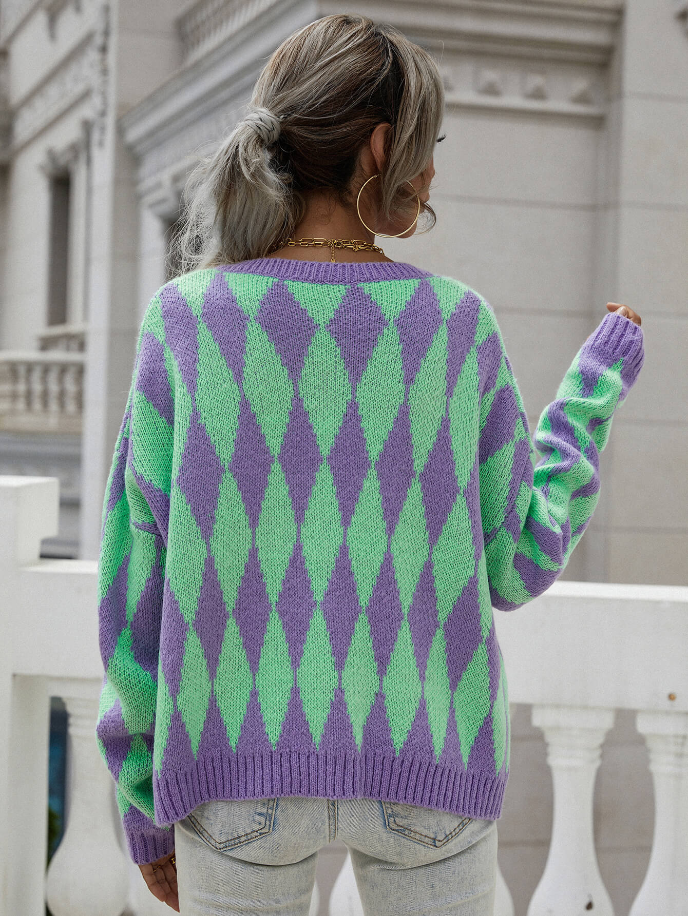 Woven Right Argyle Button Front Drop Shoulder Cardigan - AllIn Computer