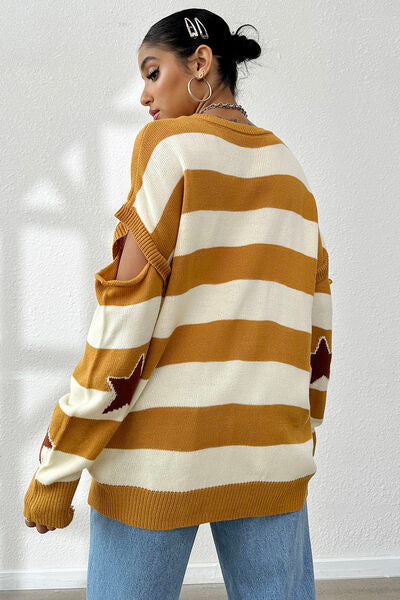 Star Pattern V-Neck Cutout Sweater - AllIn Computer