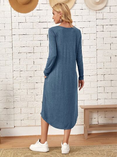 Pocketed Round Neck Long Sleeve Tee Dress - AllIn Computer
