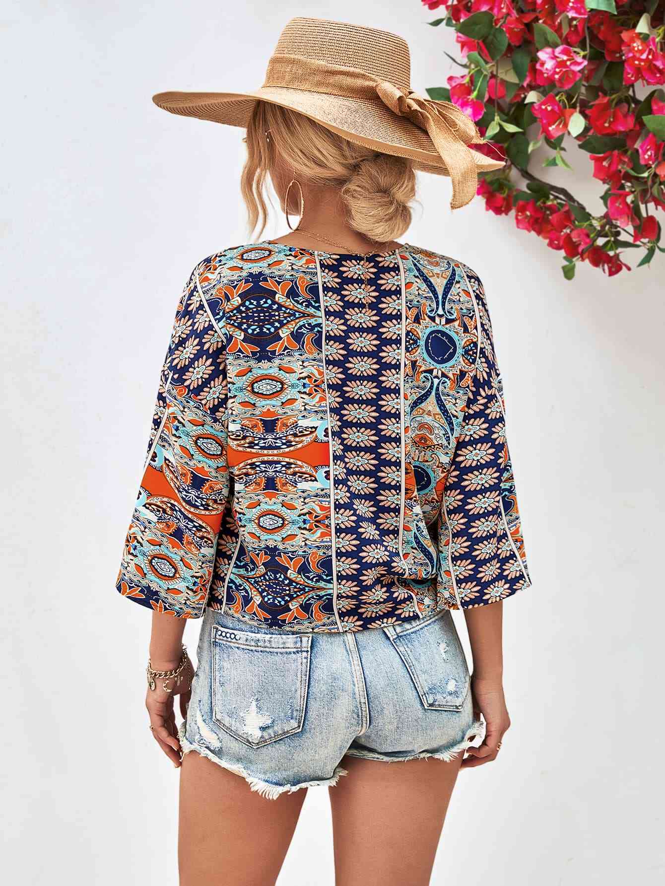 Tie Hem V-Neck Three-Quarter Sleeve Blouse - AllIn Computer