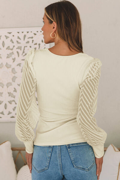 Textured Mesh Sleeve Ribbed Blouse - AllIn Computer