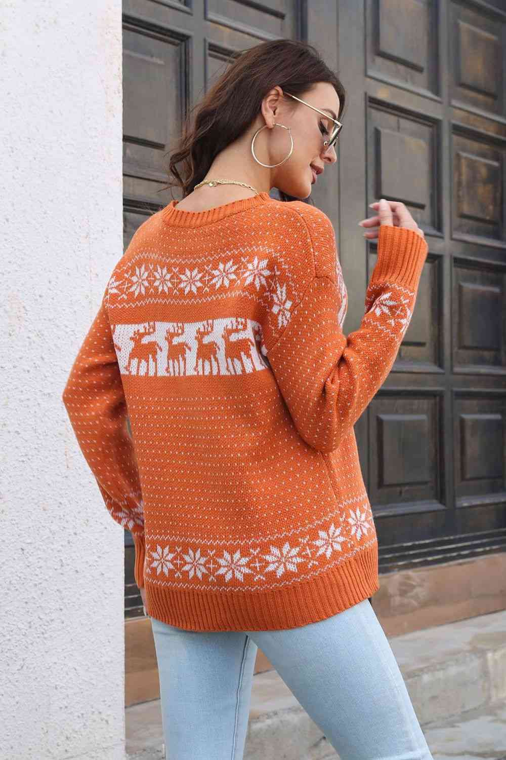 Reindeer & Snowflake Pattern Dropped Shoulder Pullover Sweater - AllIn Computer