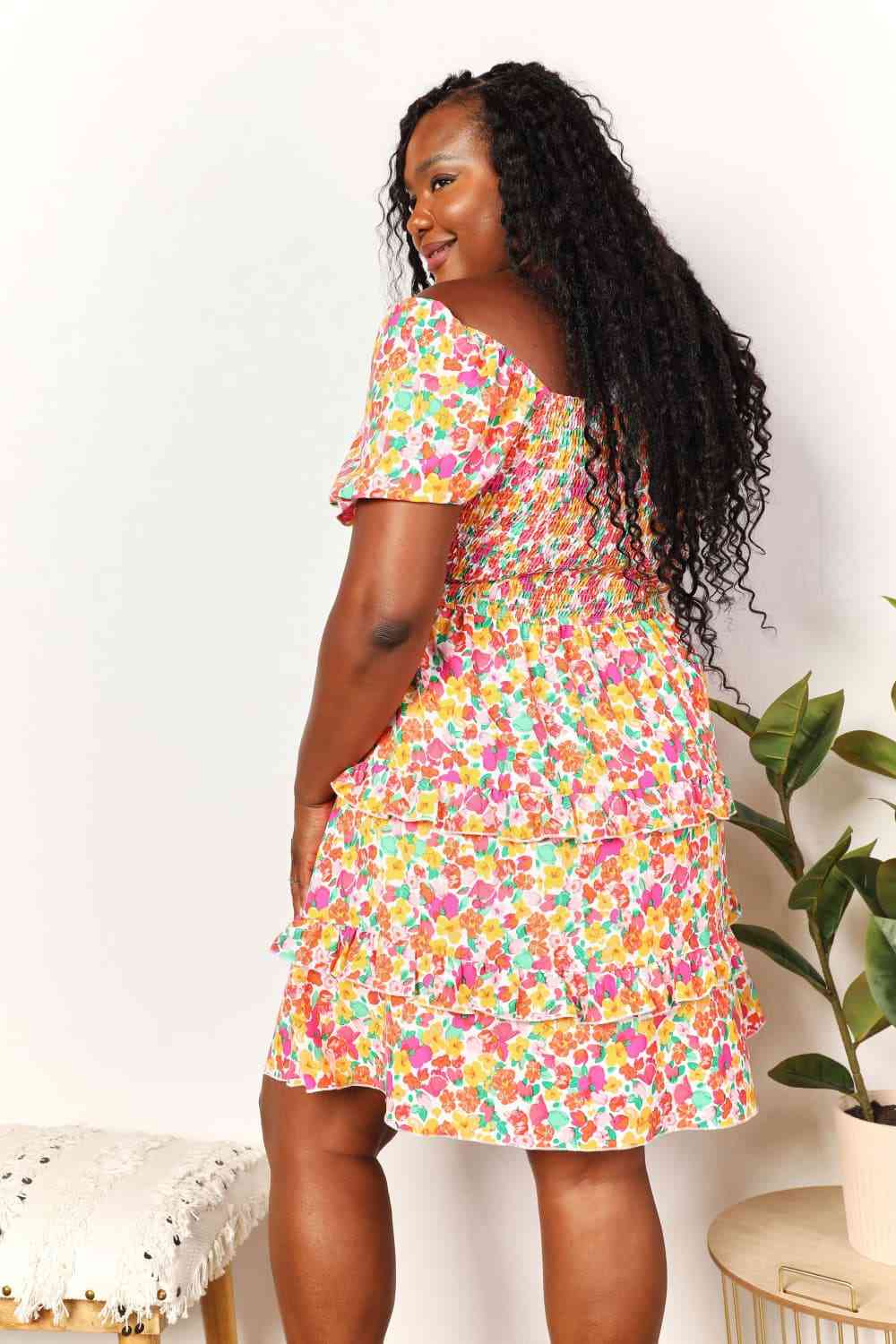 Double Take Smocked Sweetheart Neck Flounce Sleeve Mini Dress - AllIn Computer