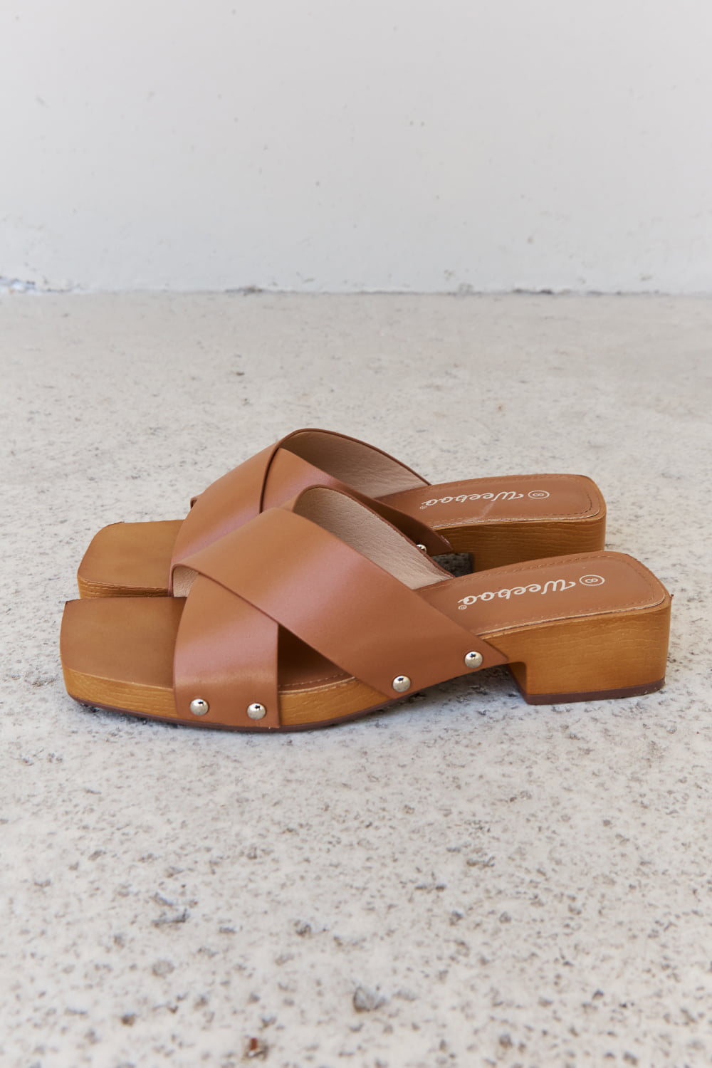 Weeboo Step Into Summer Criss Cross Wooden Clog Mules in Brown - AllIn Computer