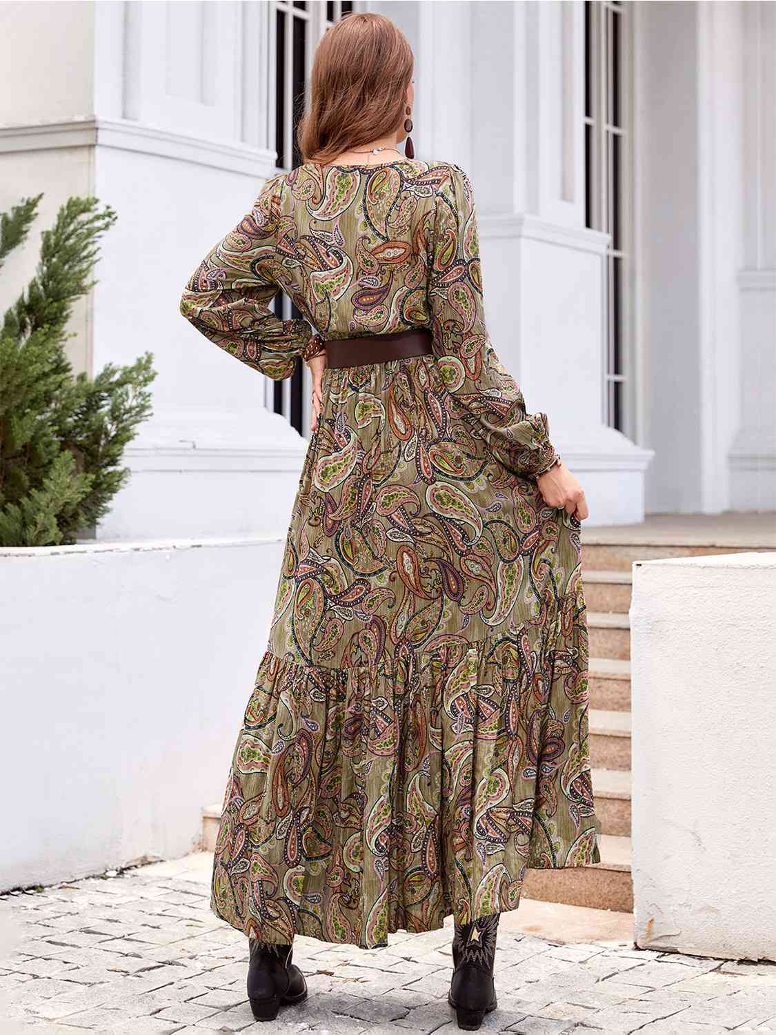 Printed Tie Neck Ruffle Hem Long Sleeve Dress - AllIn Computer