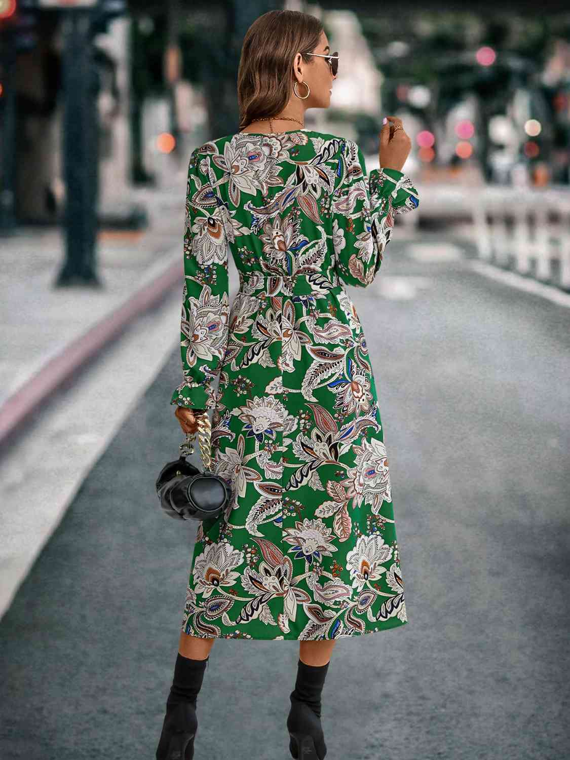Printed Tie Front Surplice Flounce Sleeve Dress - AllIn Computer