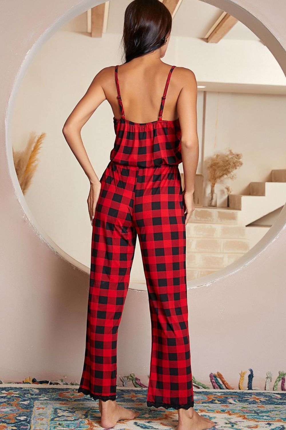 Plaid Lace Trim Spaghetti Strap Jumpsuit - AllIn Computer