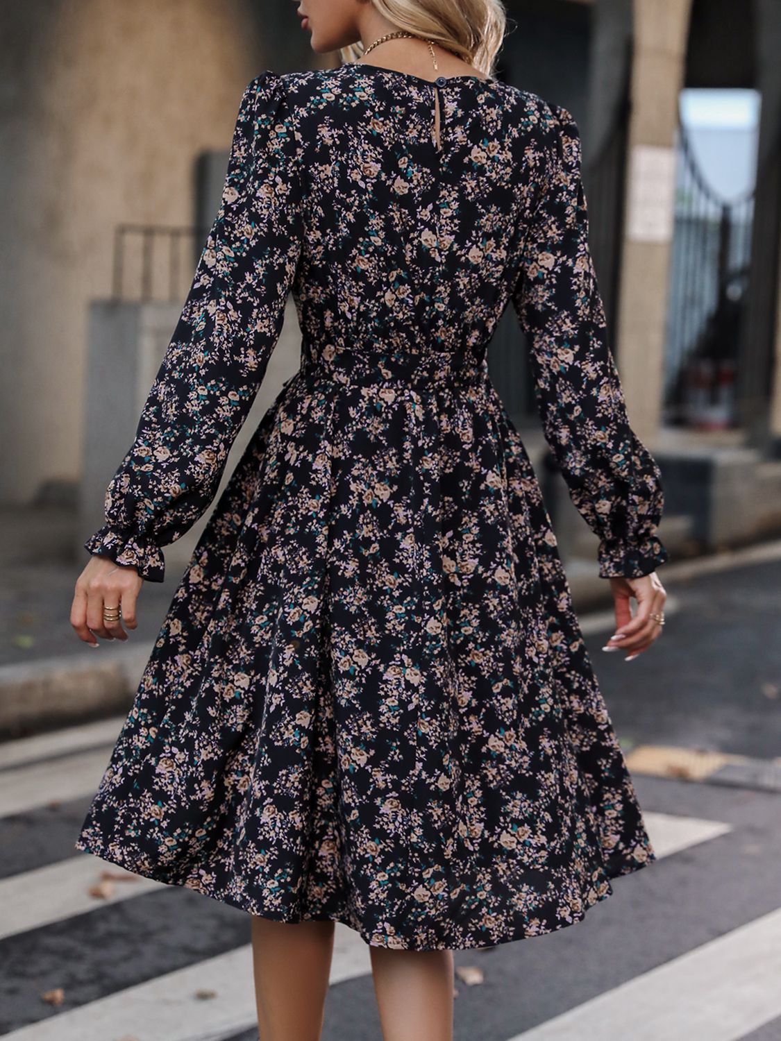Printed Tie Belt Balloon Sleeve Dress - AllIn Computer