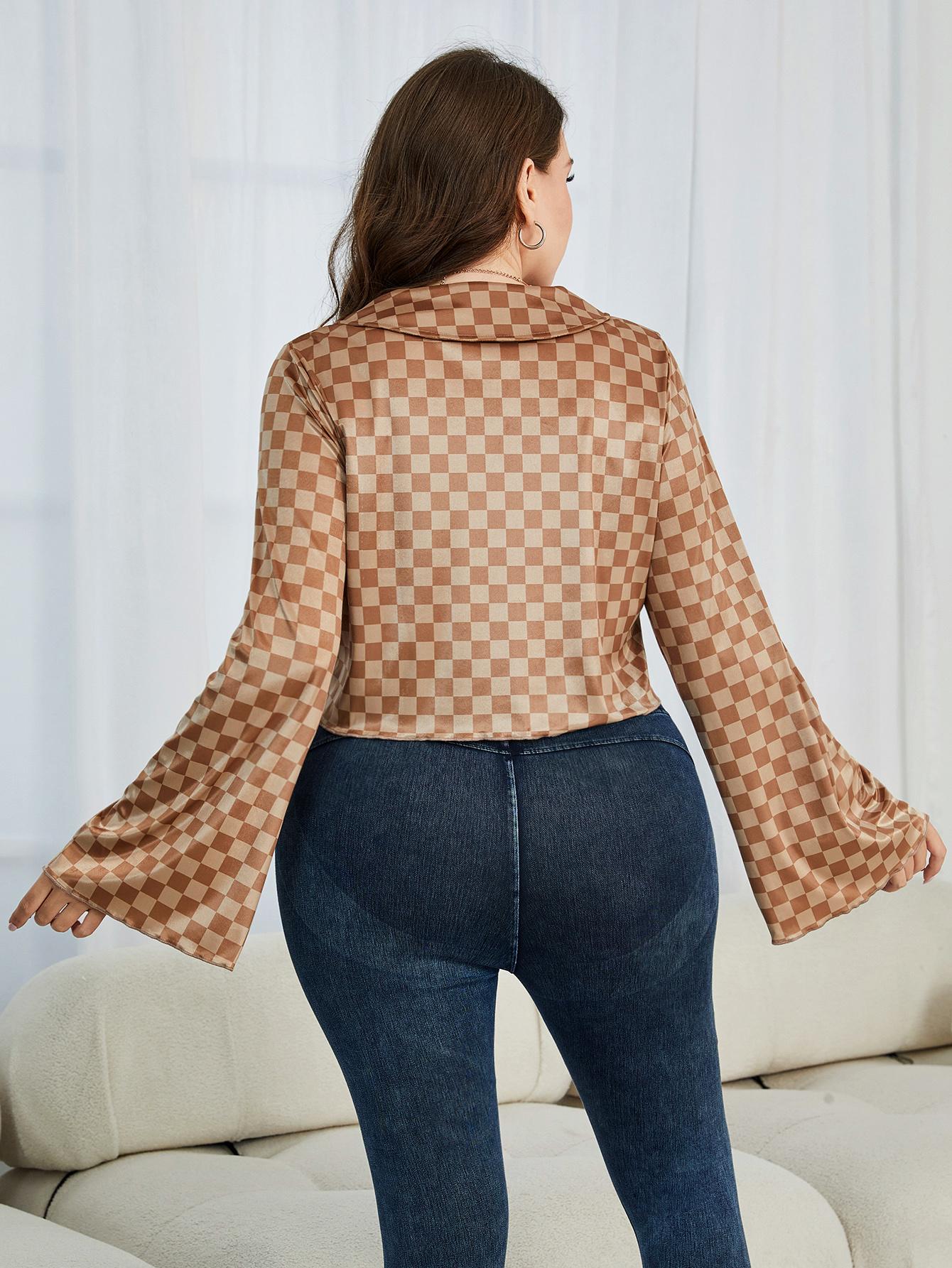 Plus Size Checkered Johnny Collar Flare Sleeve Shirt - AllIn Computer