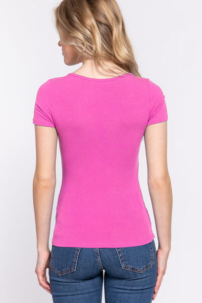 ACTIVE BASIC Lace Up Short Sleeve Rib Knit T-Shirt - AllIn Computer