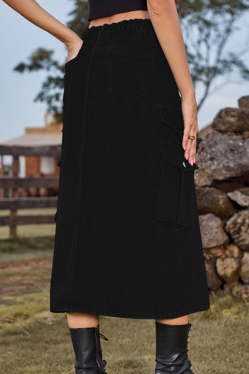 Slit Front Midi Denim Skirt with Pockets - AllIn Computer