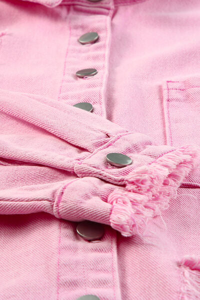 Distressed Button Up Raw Hem Denim Jacket - AllIn Computer