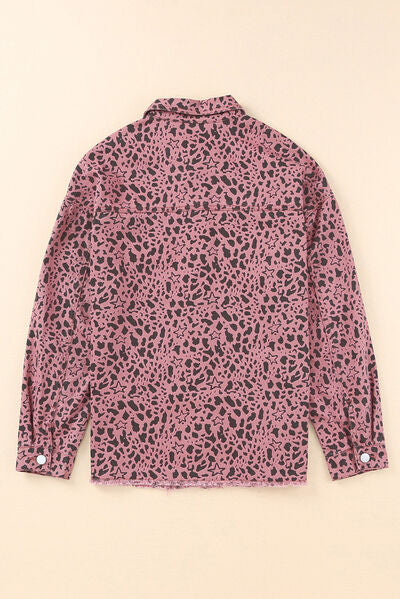 Leopard Raw Hem Button Up Denim Jacket - AllIn Computer