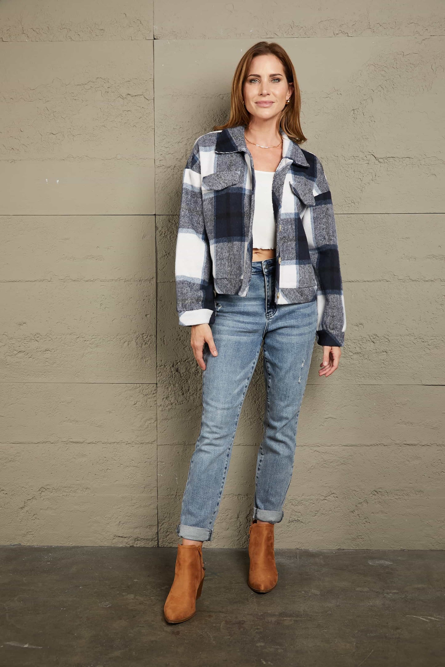 Double Take Plaid Button Front Dropped Shoulder Collared Jacket - AllIn Computer