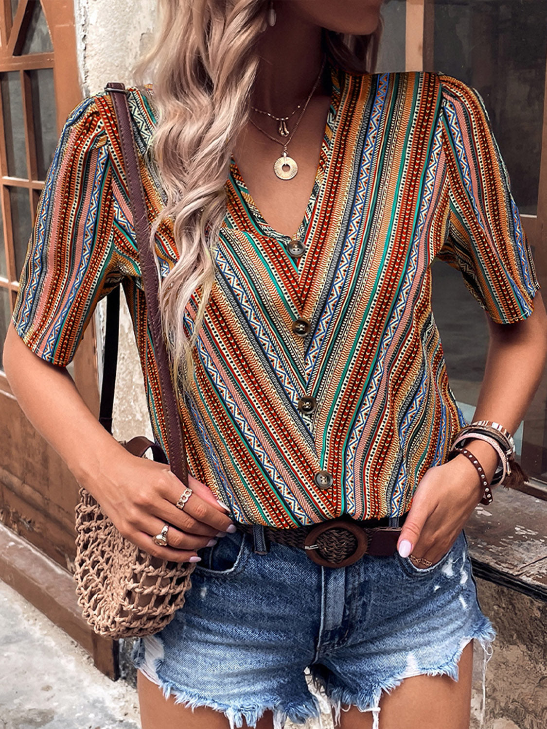 Printed V-Neck Button-Up Short Sleeve Top - AllIn Computer