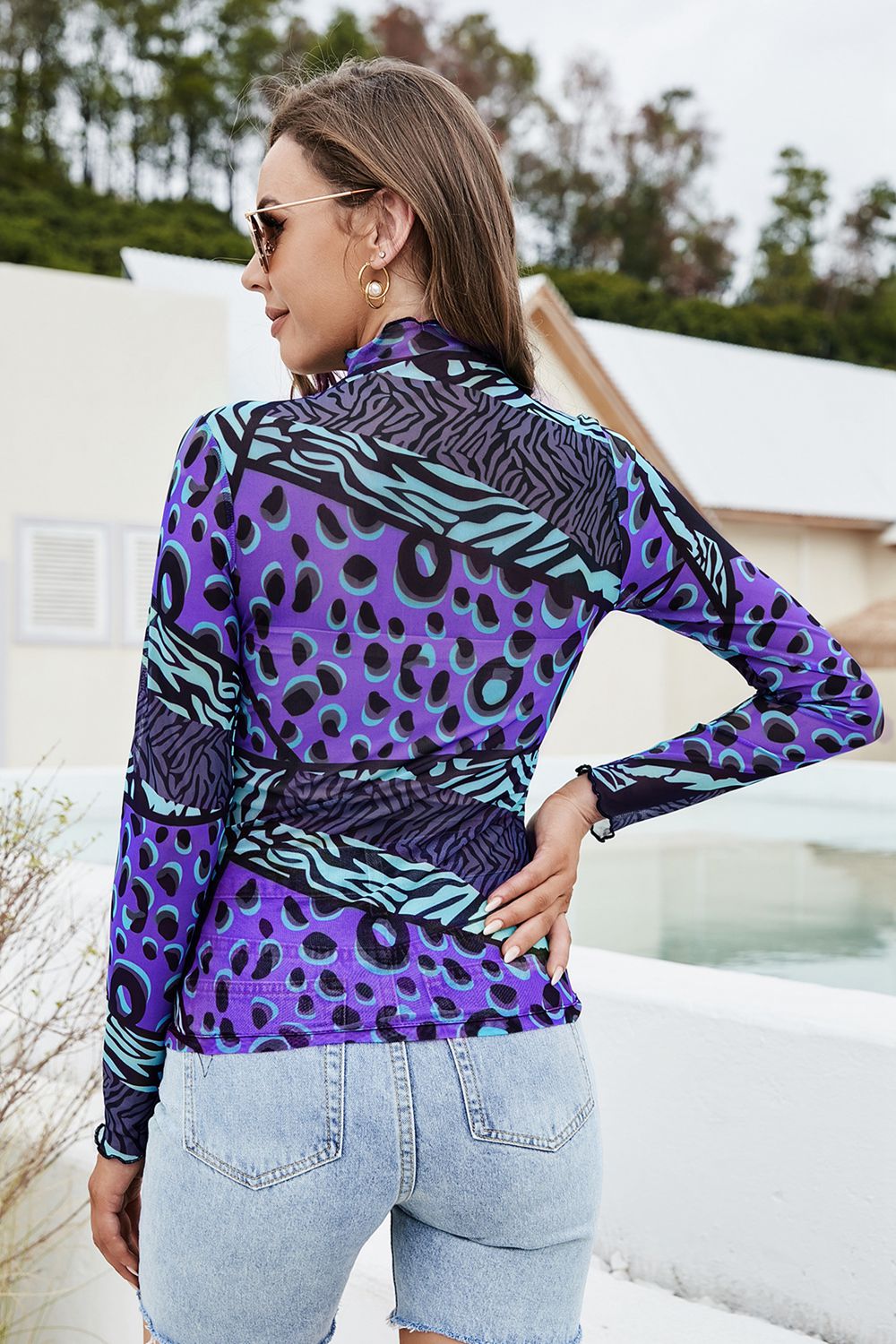 Printed Mock Neck Long Sleeve Blouse - AllIn Computer