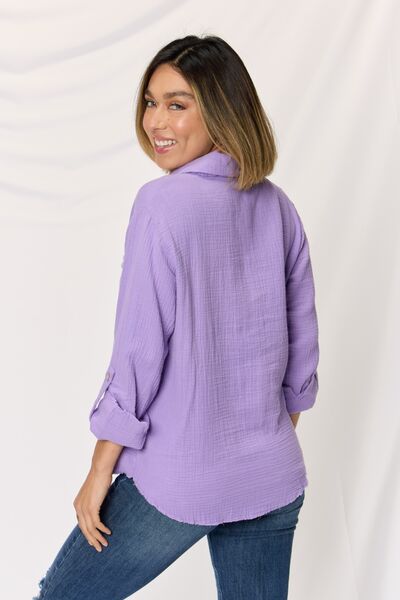 Zenana Texture Button Up Raw Hem Long Sleeve Shirt - AllIn Computer
