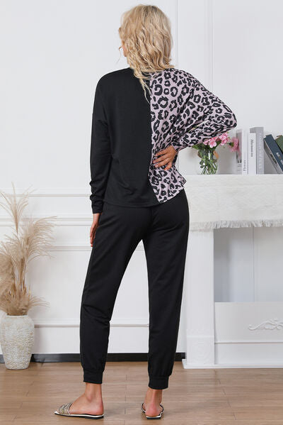 Leopard Round Neck Top and Drawstring Pants Lounge Set - AllIn Computer