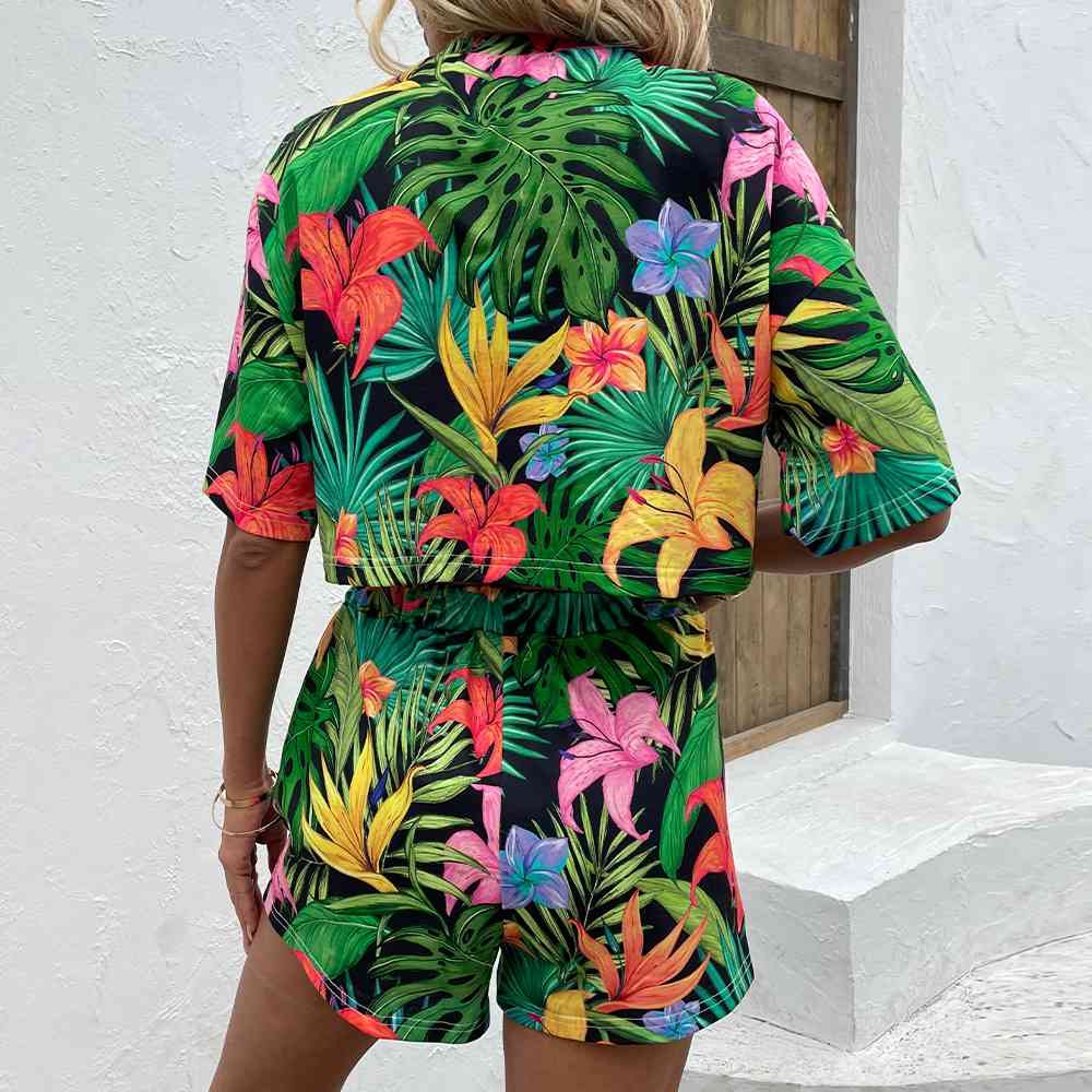 Floral Print Round Neck Dropped Shoulder Half Sleeve Top and Shorts Set - AllIn Computer