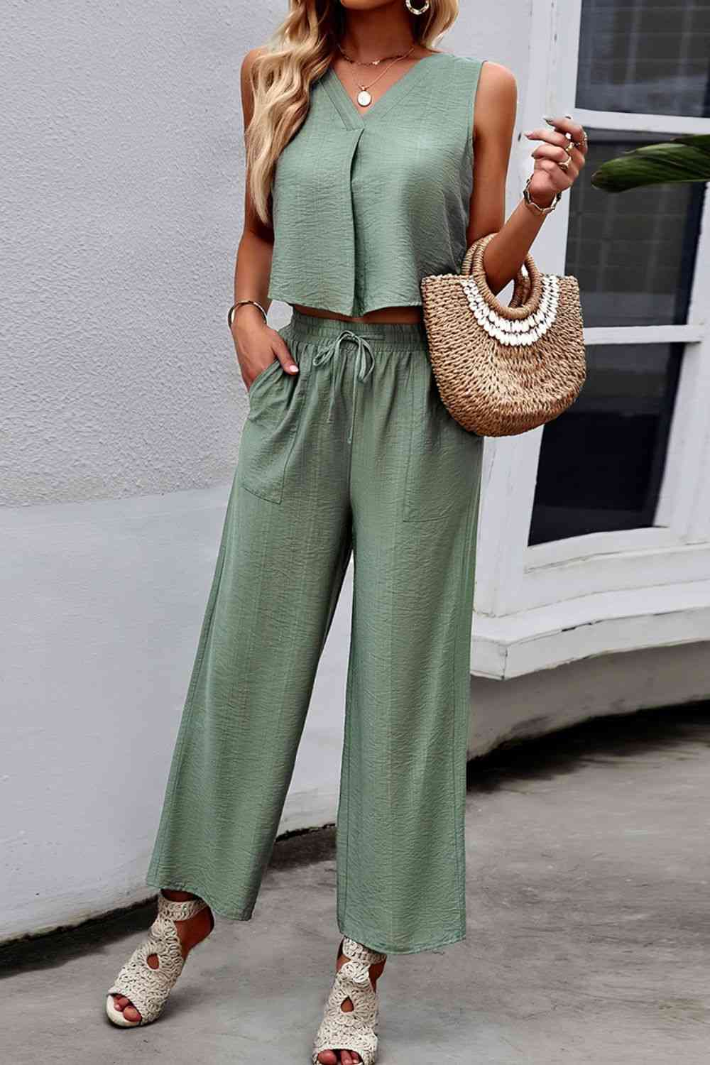 V-Neck Tank and Drawstring Pants Set - AllIn Computer