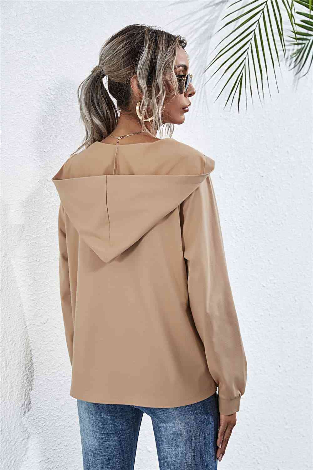 Buttoned Raglan Sleeve Hooded Blouse - AllIn Computer
