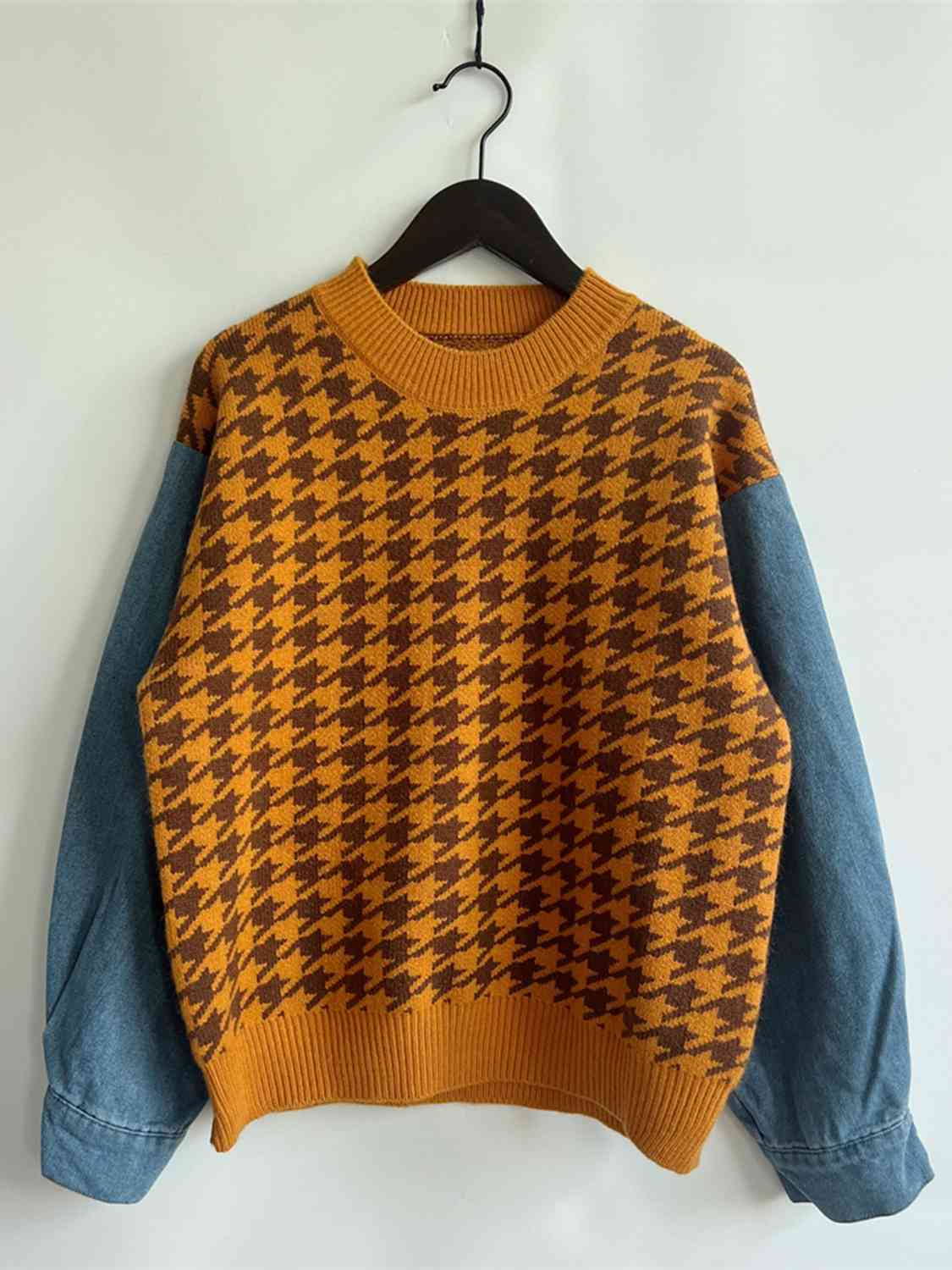 Houndstooth Denim Sleeve Sweater - AllIn Computer