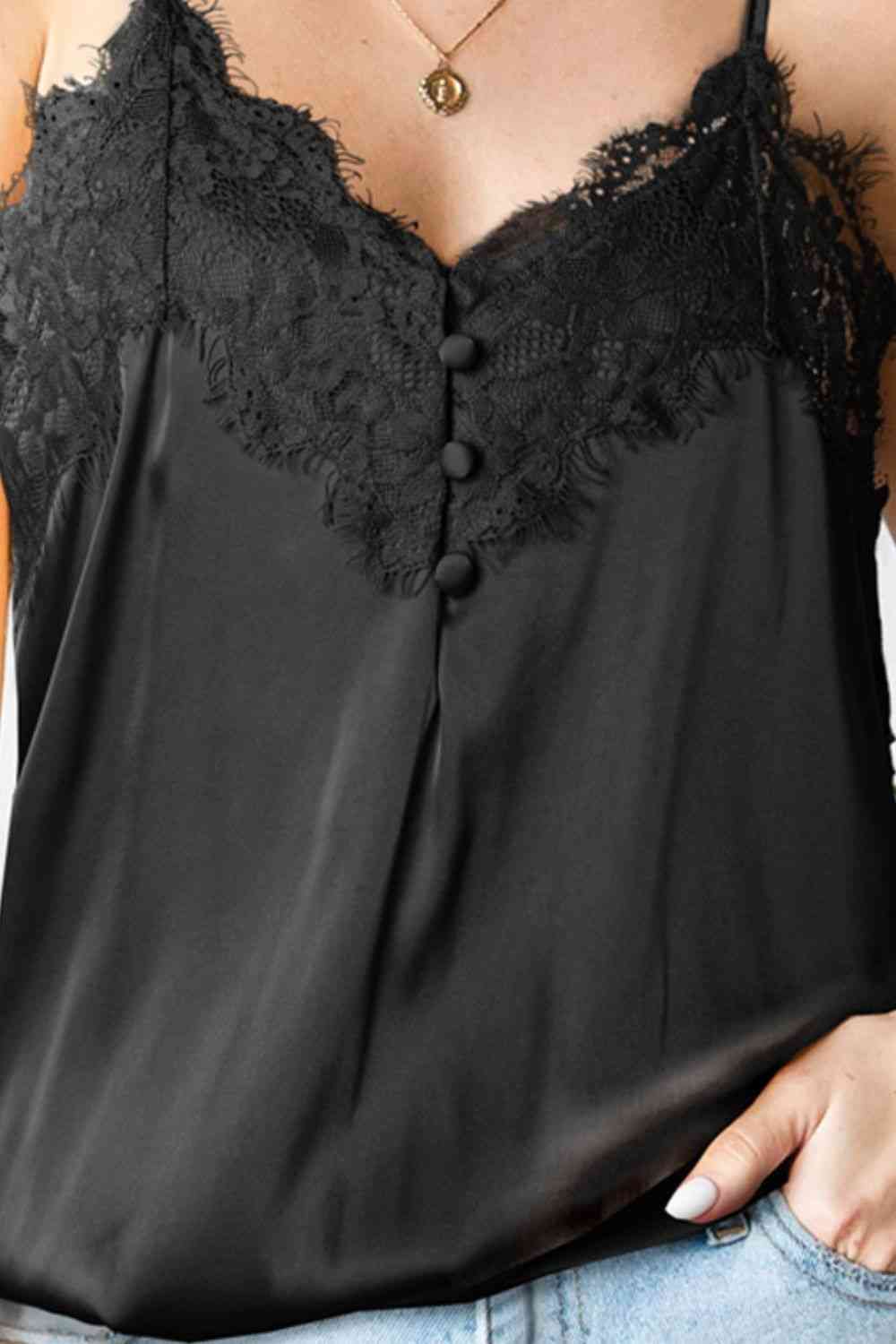 Lace Trim Buttoned Spaghetti Strap Bodysuit - AllIn Computer
