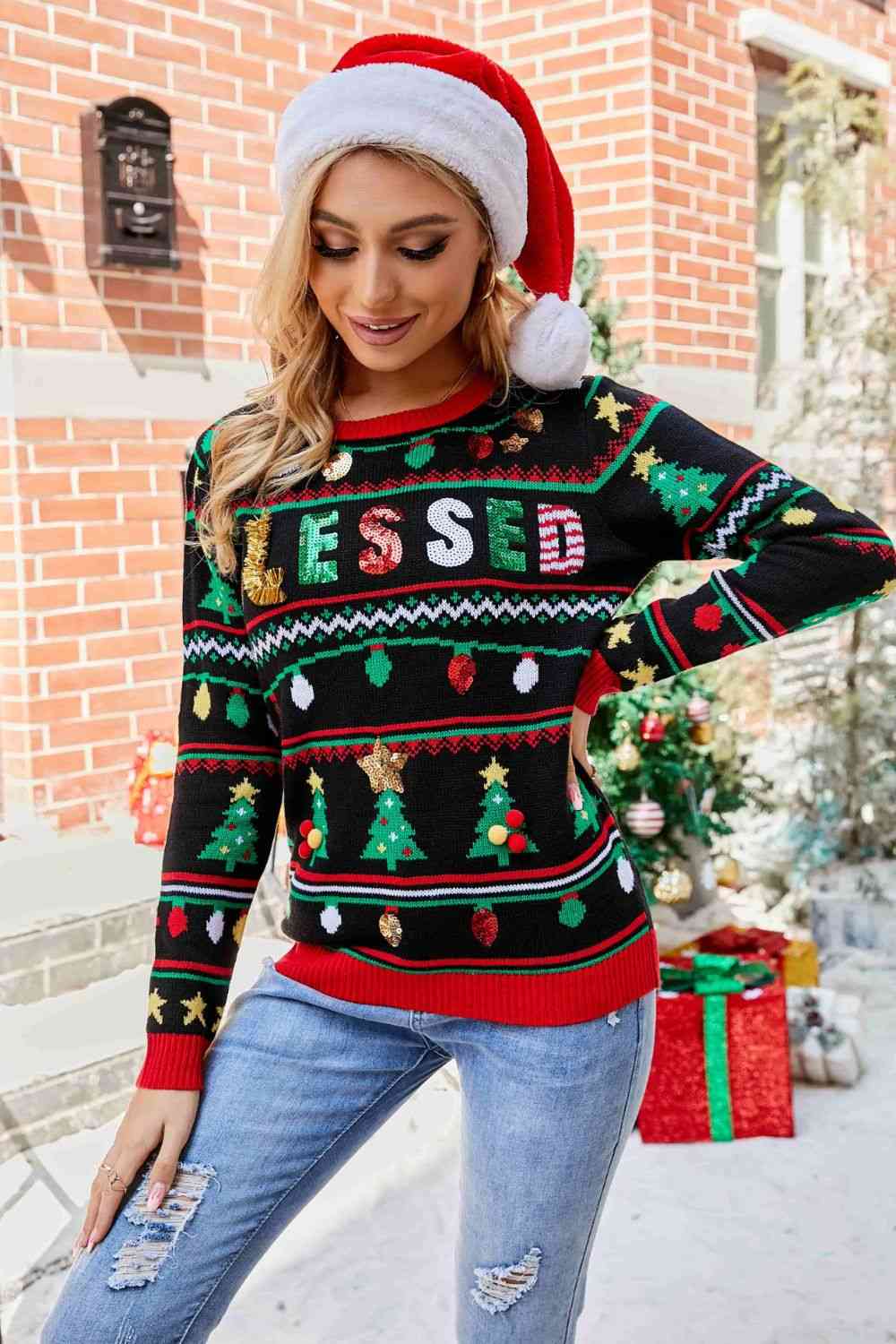 Christmas Print Sequin Round Neck Sweater - AllIn Computer