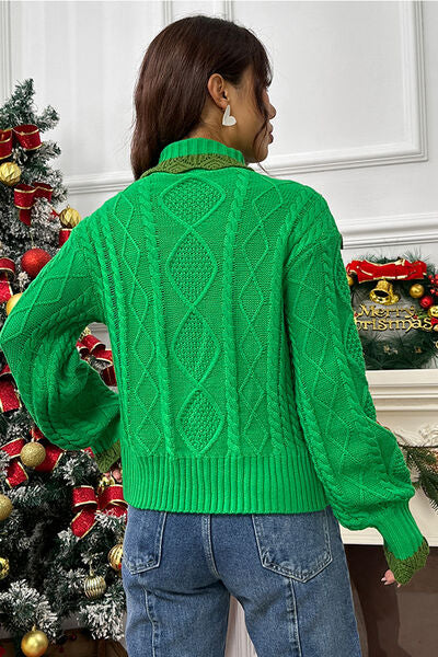 Cable-Knit Ruffled Mock Neck Lantern Sleeve Sweater - AllIn Computer
