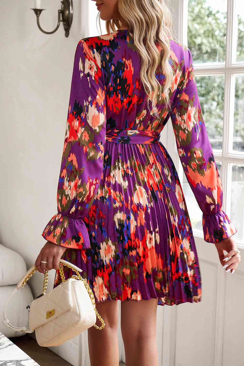Surplice Neck Tie Waist Pleated Dress - AllIn Computer