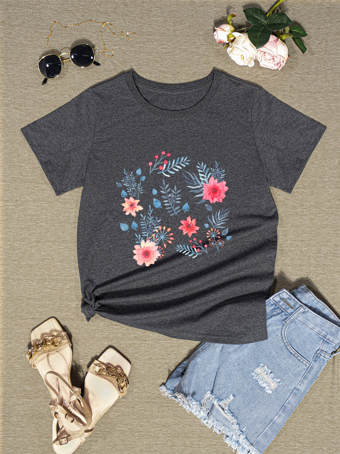 Flower Round Neck Short Sleeve T-Shirt - AllIn Computer