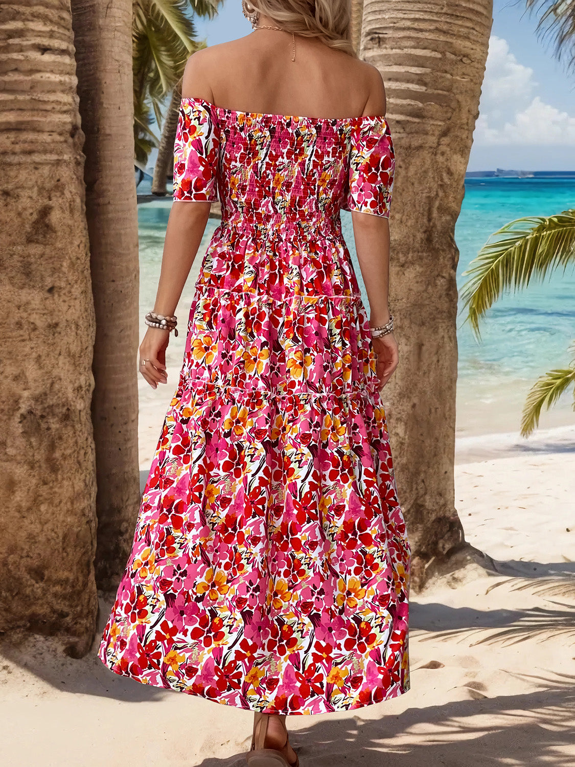 Slit Floral Off-Shoulder Short Sleeve Dress - AllIn Computer