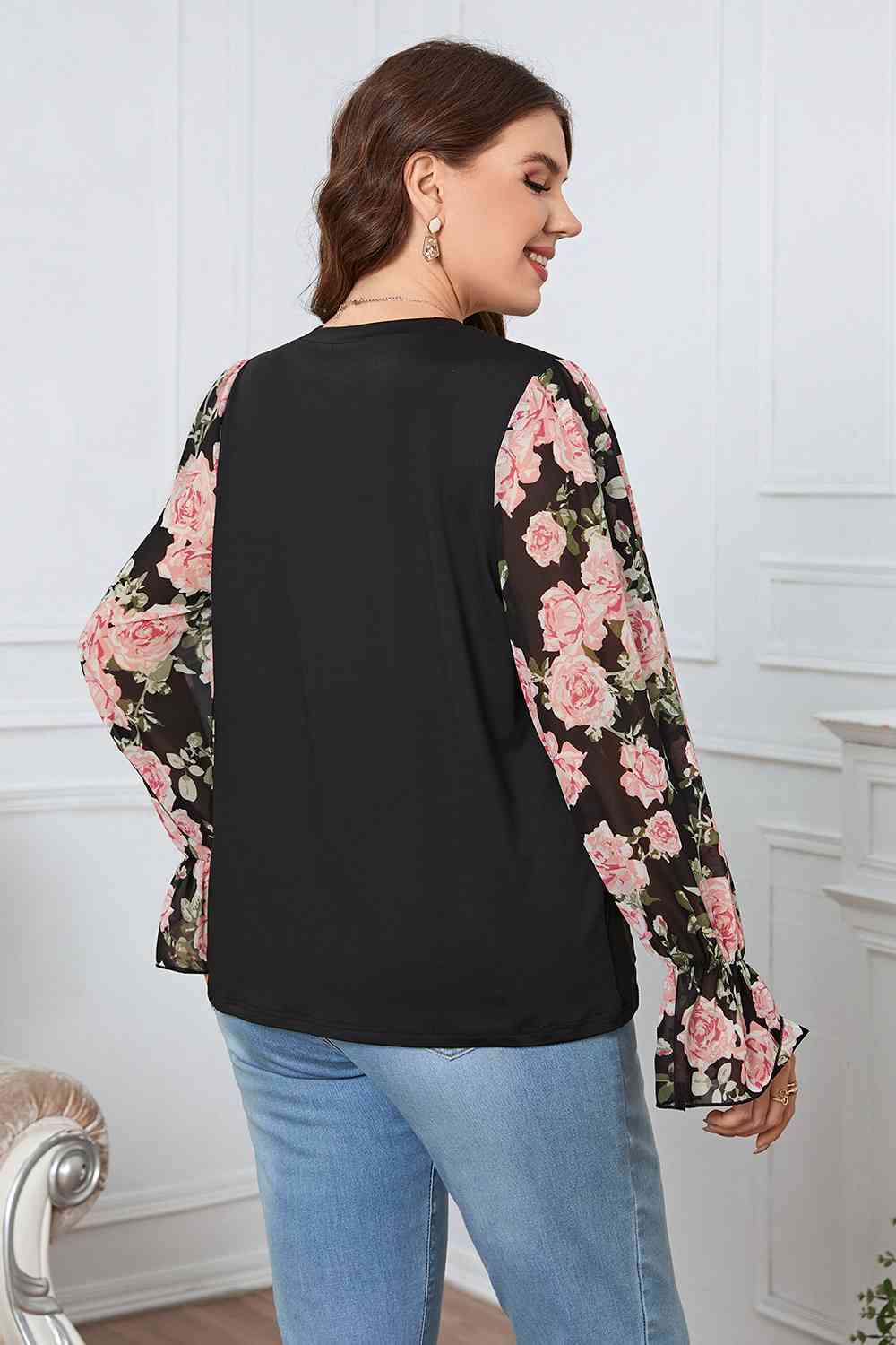 Plus Size Floral Flounce Sleeve Blouse - AllIn Computer