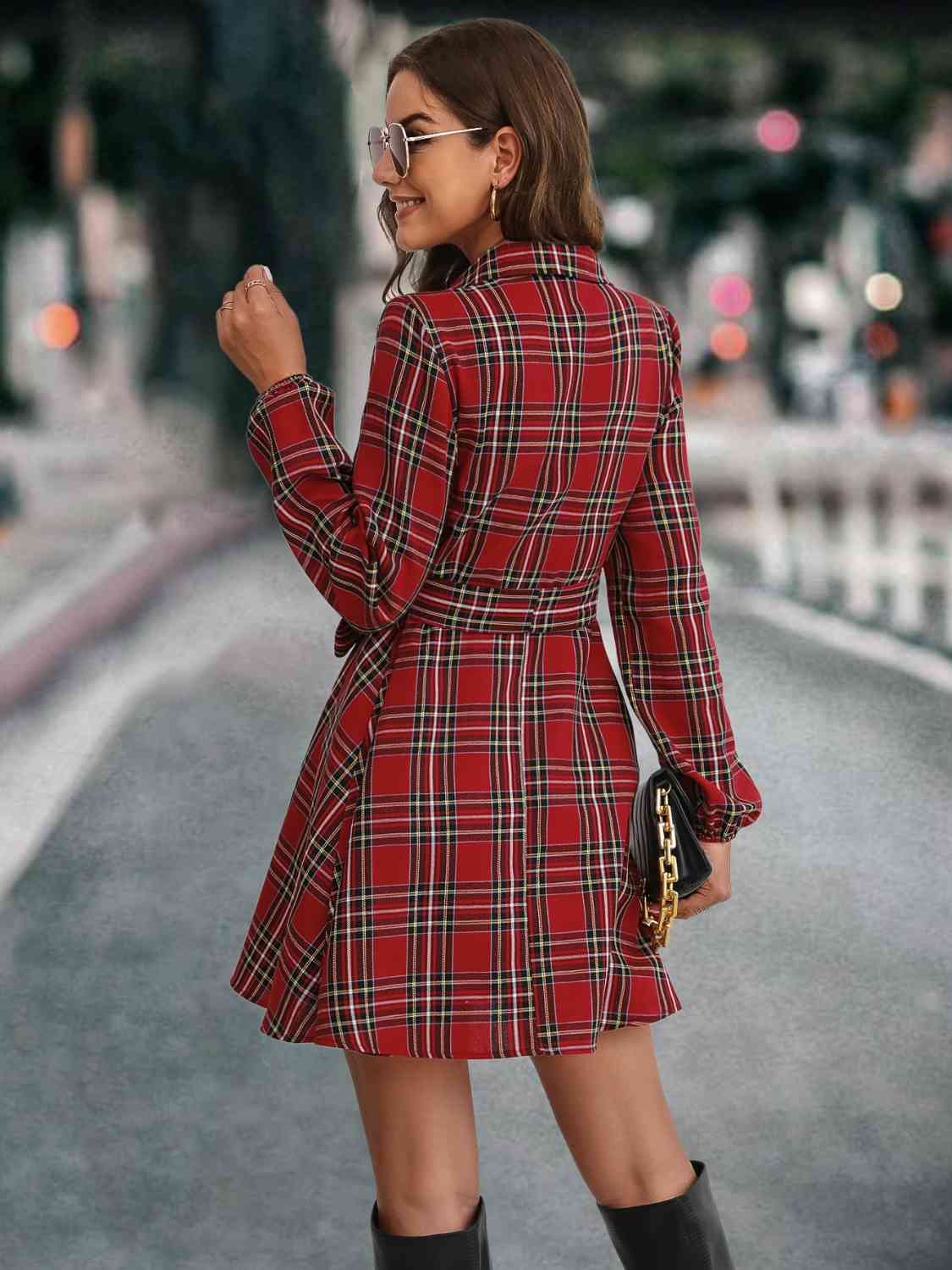 Plaid Tie Front Collared Neck Long Sleeve Dress - AllIn Computer