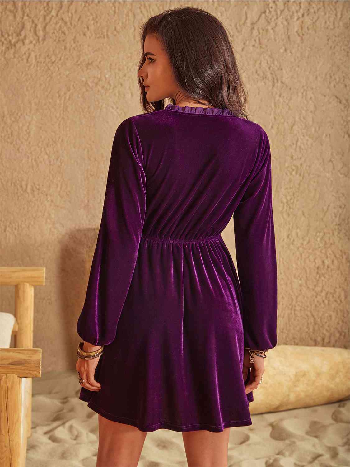 Ruffled V-Neck Long Sleeve Dress - AllIn Computer